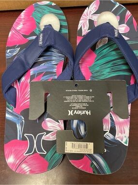 Hurley Logo Navy Floral Green Blue Mens Sandal Pool Beach Outdoors Flip Flop NEW
